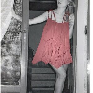 Mauve Strappy Fringe Layered Mini Dress Lg